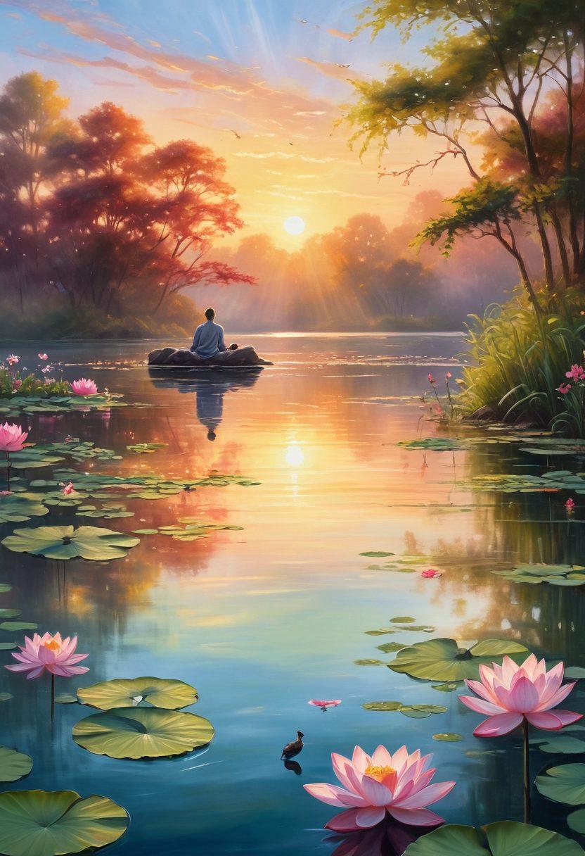 A serene landscape depicting a tranquil sunrise over a calm lake, with a single person meditating by the water's edge surrounded by blooming lotus flowers. Soft rays of sunlight cast a warm glow, symbolizing devotion and peace. Incorporate gentle ripples in the water reflecting the sun, and a few birds soaring in the clear sky above. artistic painting. vibrant colors. peaceful ambiance.