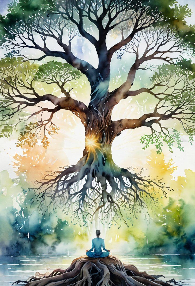 A serene landscape featuring a majestic tree symbolizing growth, with glowing roots that connect to the earth and ethereal light shining through the branches, representing spiritual elevation. In the foreground, a figure in meditation posture surrounded by swirling energy patterns, radiating warmth and peace, inviting the viewer to embrace their spiritual journey. Soft, pastel colors conveying tranquility and reverence. watercolor painting. ethereal glow.