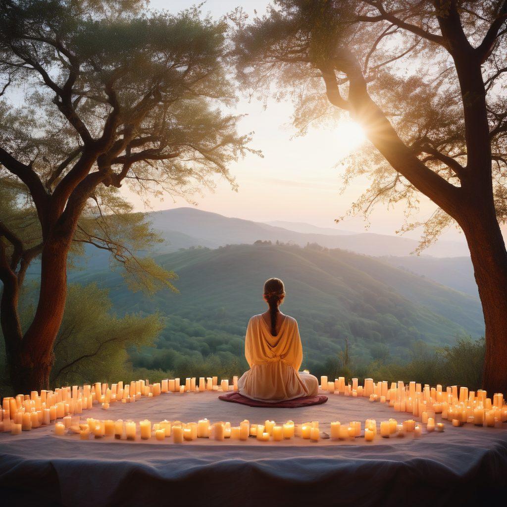 A serene altar adorned with candles and flowers, surrounded by individuals engaged in meditative rituals, conveying peace and spiritual growth. Soft light filters through trees, symbolizing connection and devotion. In the background, gentle hills and a sky painted in soft pastels create a tranquil atmosphere. ethereal style. warm colors. soft focus.
